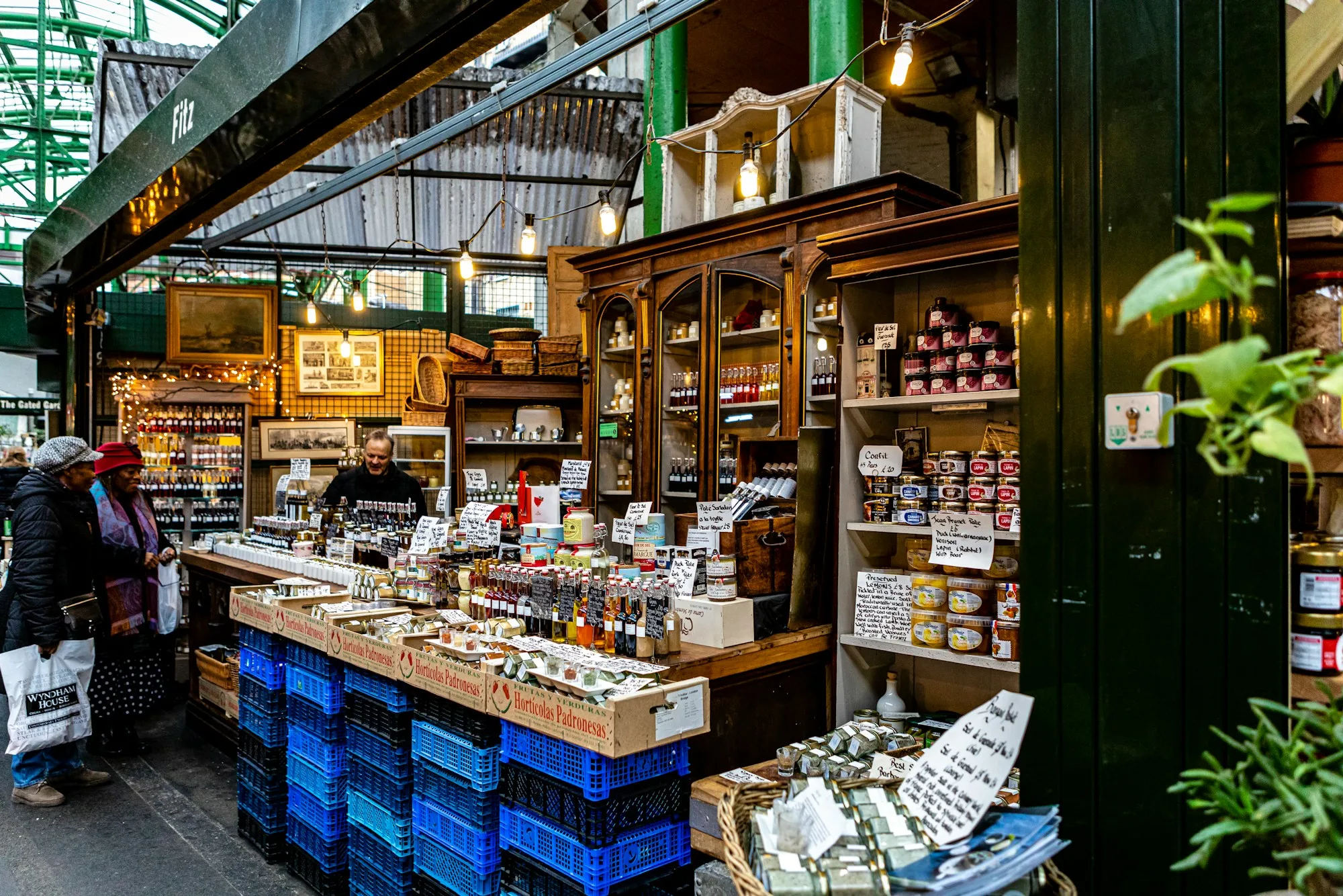 Food and produce displayed inside Borough Market